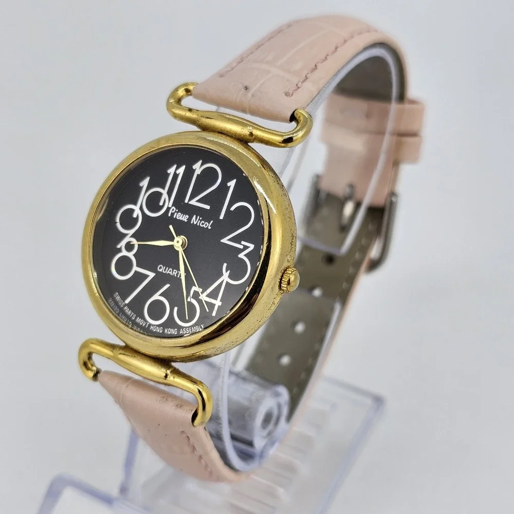 VTG Pierre Nicol Women Watch 32MM Black Dial New Pink Leather Bands New Battery‎